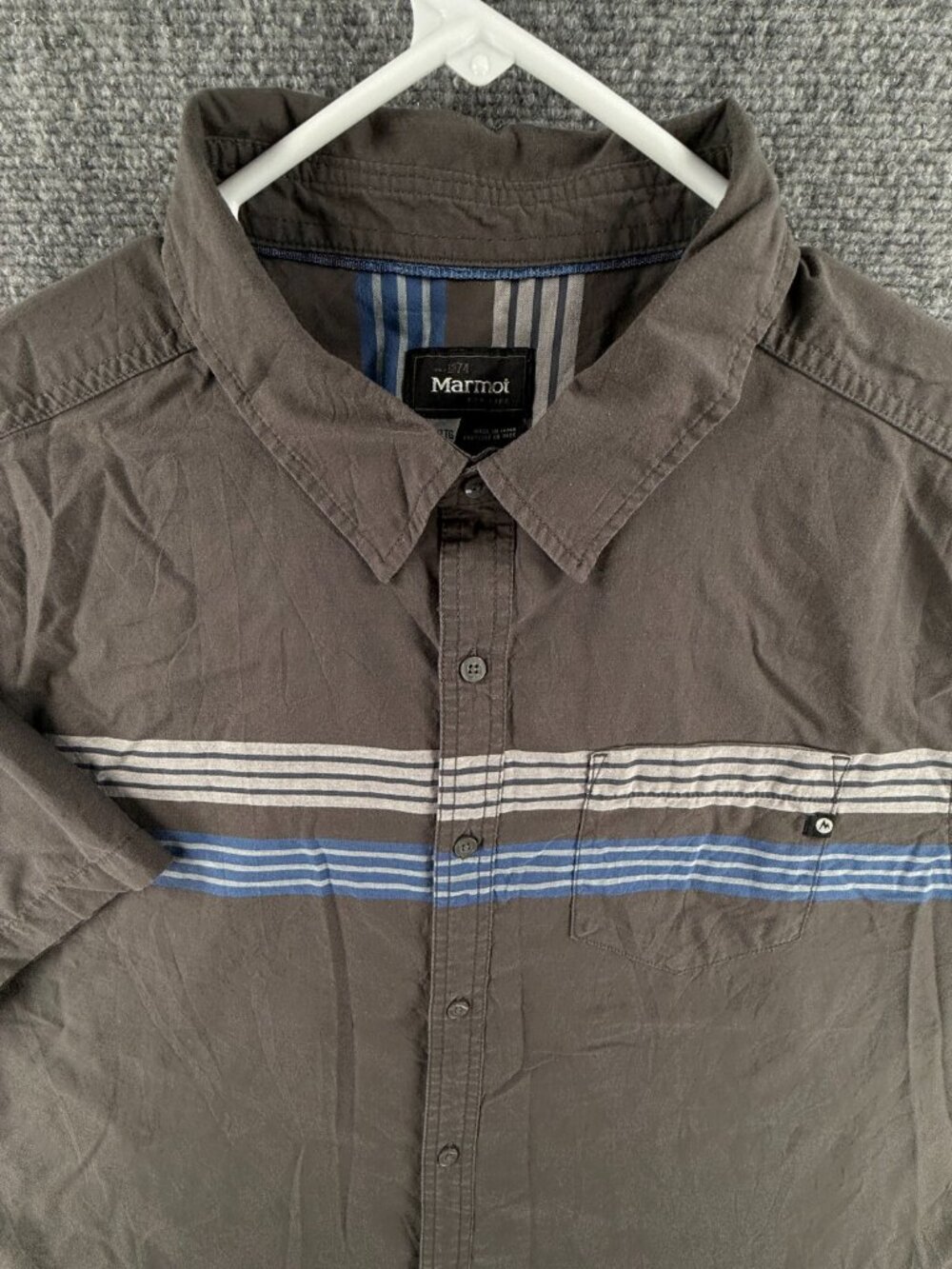 Marmot 2XL Short Sleeve Gray Button Up Shirt Men Pocket Striped Blue Hiking